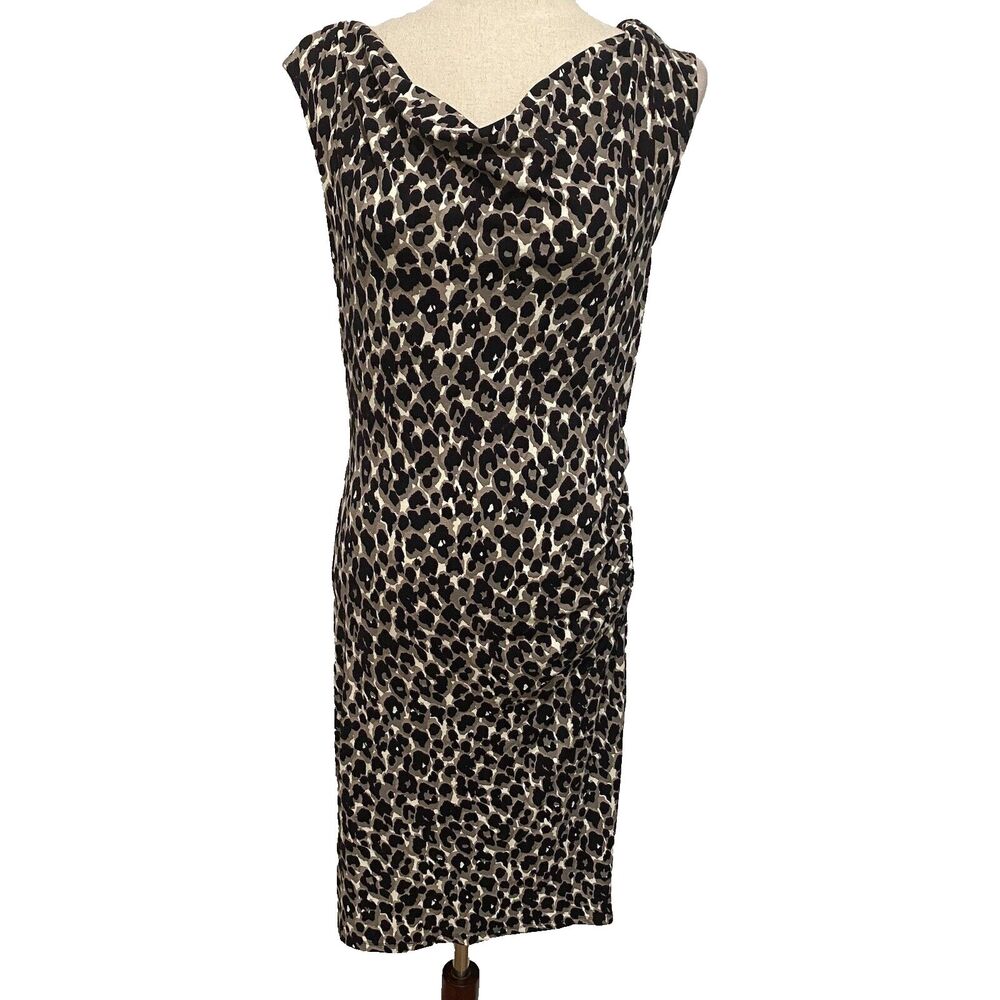 Ann Taylor Sheath Dress Small Sleeveless Leopard Print Cowl‎ Neck Career